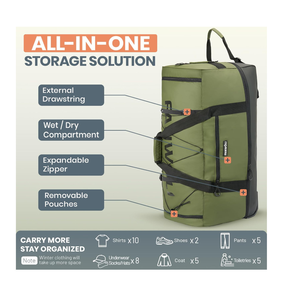 Fanwoli NEW 30'' Large Rolling Duffle Bag with Wheels Waterproof Heavyload Green - Picture 11 of 11